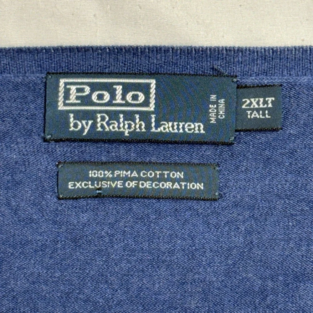 Polo Ralph Lauren Sweater‎ Mens 2XLT Blue V-Neck Pima Cotton Pullover Knit Pony